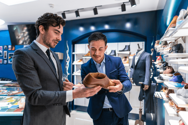 Conseiller de vente en magasin de chaussure avec un client
